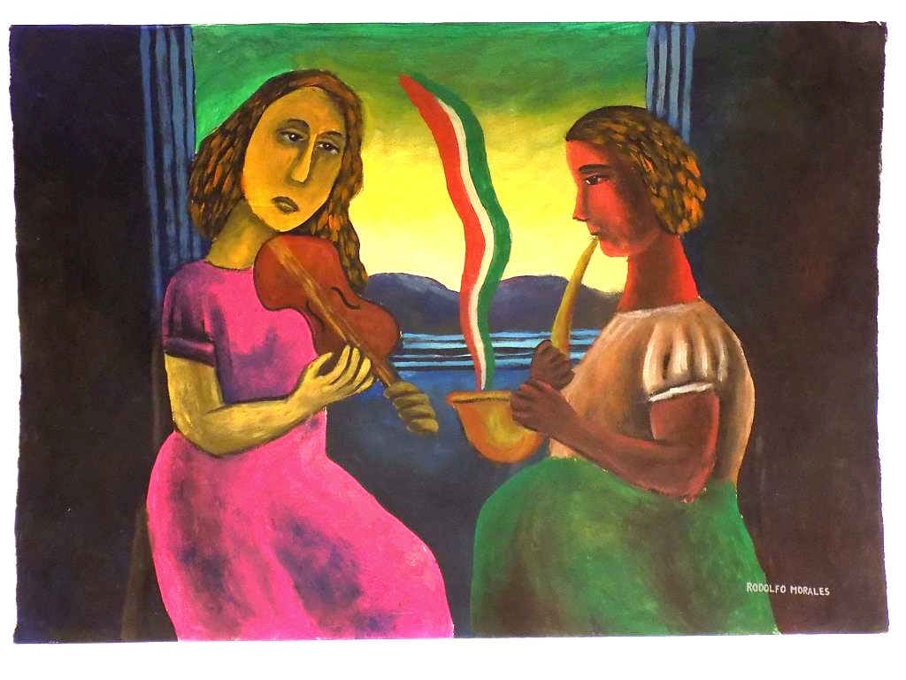 LATIN MUSICIANS PAINTING SIGNED RODOLFO MORALES: Expressionist Painting of Female Musicians Playing Latin Music. Signed Rodolfo Morales Lower Right. 20" x 28"