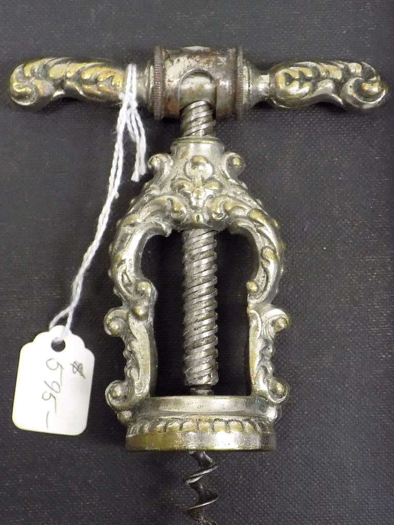 RARE 19TH CENTURY ACANTHUS FORM CORKSCREW: Rare Fancy 19th Century Circa 1880's Nickel Cast over Brass Corkscrew. Length 5.25"