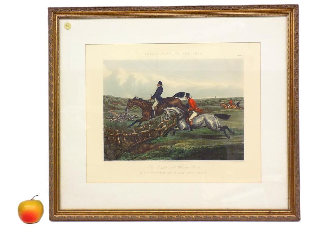 BIG HENRY ALKEN BIG FORES'S HUNTING SKETCHES ENGRAVING: Henry Thomas Alken English 1785-1851 - Big Messrs Fores Publishing London 1859 - The Right and Wrong Sort or a Good and Bad Style of going across Country. Fores's Hunting Sketches Series Plate 4. Colo