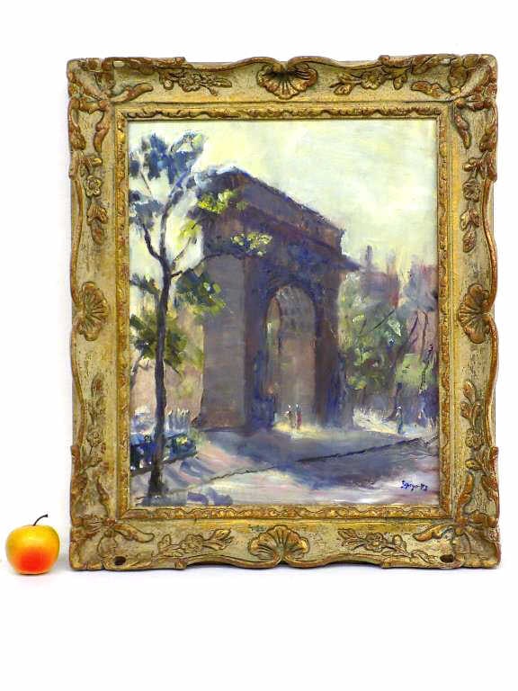 ANTHONY SPRINGER - IMPRESSIONIST ARCH PAINTING: Anthony Springer American New York 1928-1995 - Impressionist Painting with Figures entitled The Arch. Oil on Canvas. Signed and Dated Lower Right. Ornate Parcel Gilt Florentine Frame 21.50" x 25.50". 