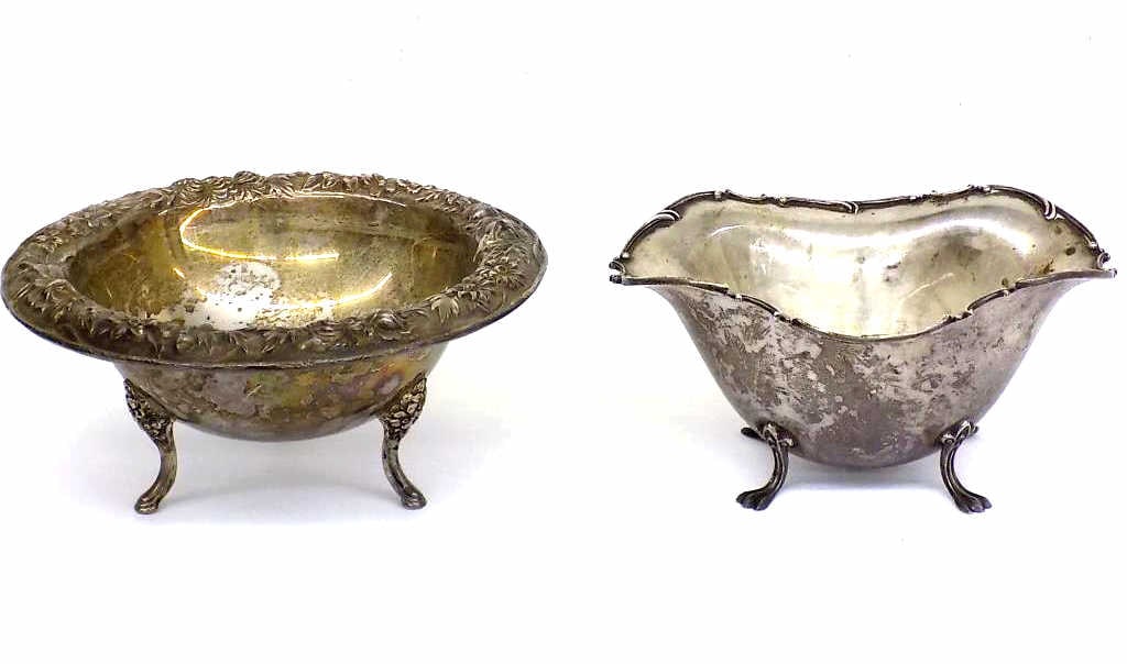 KIRK & SONS & 1890'S TOWLE STERLING FOOTED BOWLS: 19th Century Antique Footed Sterling Silver Table Bowls. Including Kirk & Sons Floral Pattern 215 with Repousse Floral Decoration. Along with 1890's Towle Silver Smiths Scrolled Border Design. Approxi