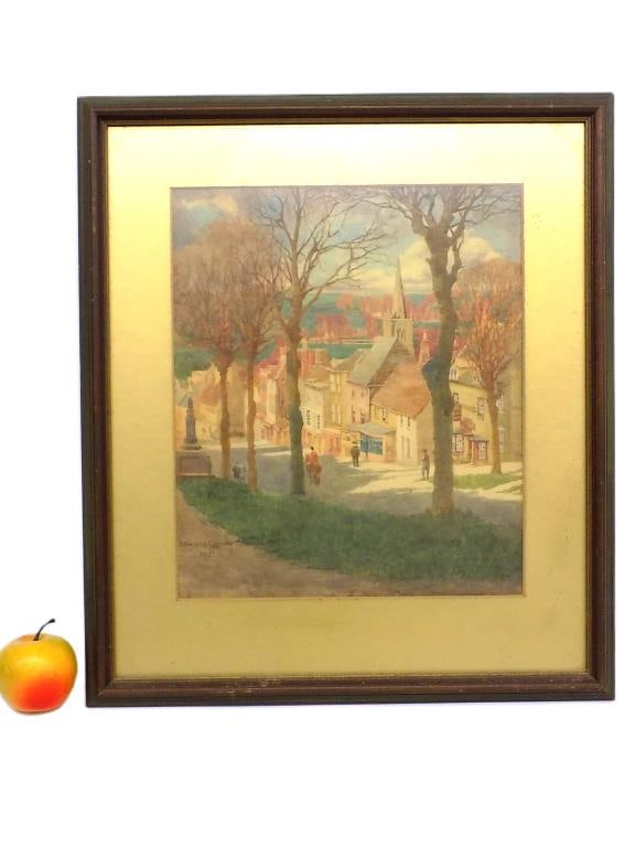 EDWARD CONWAY - CHURCH VILLAGE WATERCOLOR: Harold Edward Conway - British 1872-1949 - Detailed Watercolor on Paper Depicting a Fall Village with Church and Figures. Artist Hand Signed and Dated 1921. Quality Frame 17.50" x 20" Artist studied u