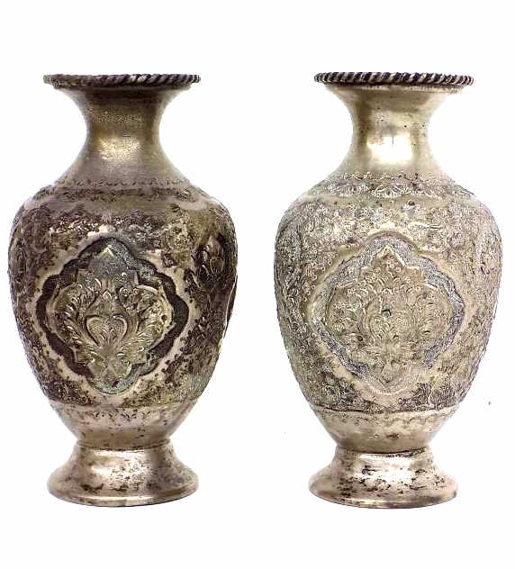 ANTIQUE PERSIAN MINIATURE SILVER CABINET VASES: Antique Persian Miniature Silver Cabinet Vases. Detailed Engraving With Floral Motifs. Base Marks. Height 4" Provenance: From A Prominent New York Estate.