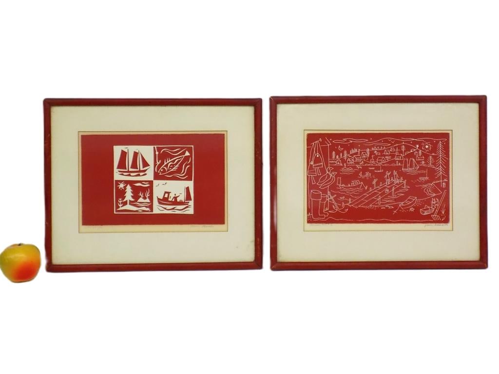 FRANCIS HAMABE MIDCENTURY WOODBLOCK PRINTS: Francis Hamabe American 20th Century - Midcentury Pair of Woodblock Prints in Red Ink and Frames. Artist Hand Numbered and Signed. 11.50" x 14.50" Framed Measurement.