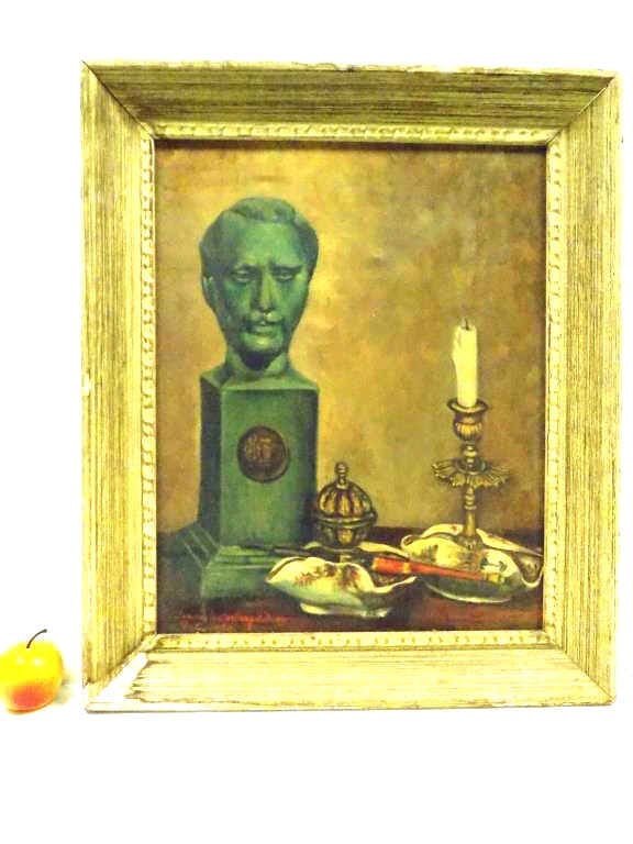 FRANCES SILVER - TABLE STILL LIFE PAINTING: Frances Unterberg Silver - American 20th Century - Table Still Life Painting depicting Bronze Male Bust. Oil on Canvas. Signed, Dated Lower Left. 21" x 25"