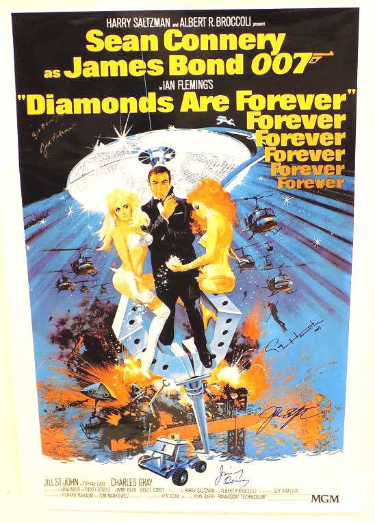 JAMES BOND DIAMONDS FOREVER CAST SIGNED POSTER: Classic James Bond 007 Spy Movie Diamonds Are Forever Poster Reprint. Cast Signatures Including: Sean Connery, Guy Hamilton, Lana Wood, Jill St. John, Jimmy Dean, Lois Maxwell, Joe Robinson and Sid Ha