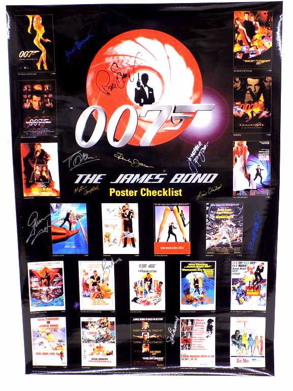 JAMES BOND 007 MOVIE POSTER CHECKLIST CAST SIGNED: Classic James Bond 007 Spy Movie Poster Checklist Cast Signed. Features 20 Movies. Signatures Include: John Glen, George Lazenby, Timothy Dalton, Roger Moore, Sean Connery, Pierce Brosnan, Jonathan Pr