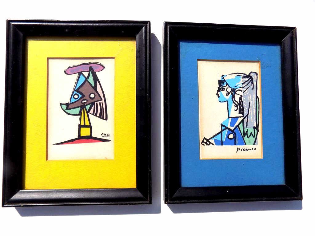PABLO PICASSO FRAMED SILKSCREENS: Pablo Picasso - Spanish 1881-1973 - Vintage Pair of Framed Silkscreen Prints. 6" x 7.50" Framed.