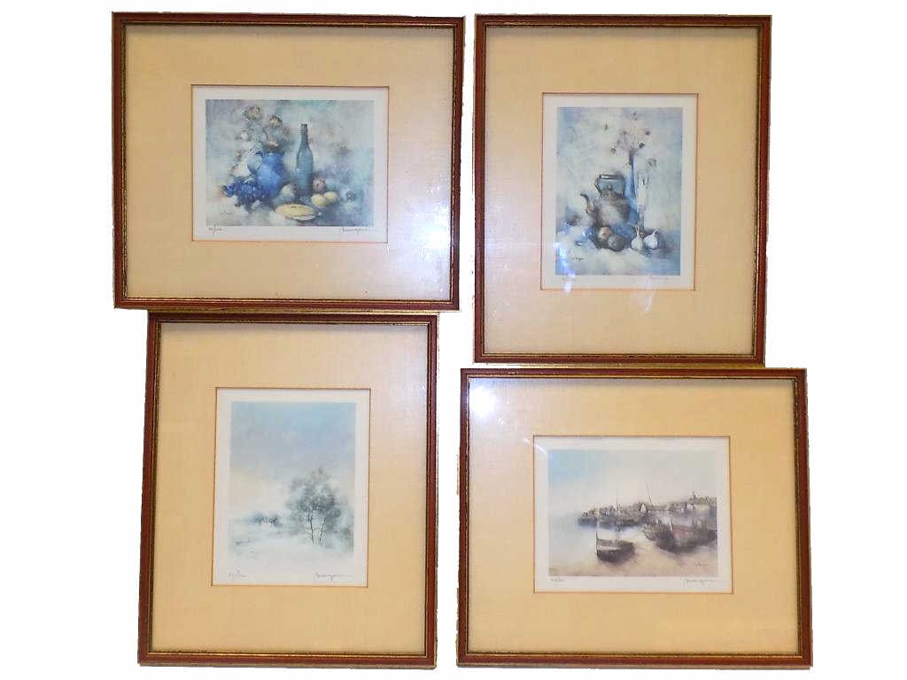 A. MANGERI - SET OF 4 SIGNED LITHOGRAPHS: A. Mangeri - French 20th Century - Set of 4 Framed Lithographs. Artist Numbered and Signed. Harbor Scene, Landscape, 2 Still Lifes. Gilt Wood Frames 10.50" x 12.50"