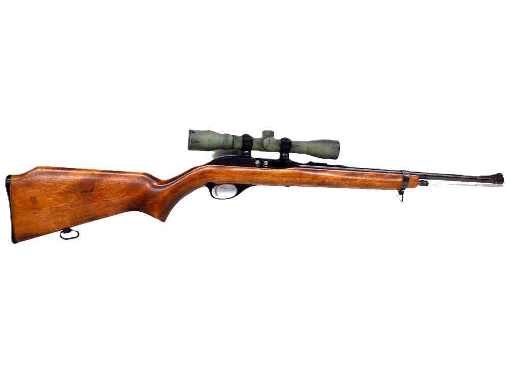 MARLIN GLENFIELD MODEL 75 .22 CALIBER RIFLE: Vintage Marlin Glenfield Model 75 .22 Caliber Semi Automatic Rifle. Serial No. 27332564. Circa 1973. Handsome Wood Body with Army Green Bushnell Scope. Working Order. Ref 12 NICS Check Required. There