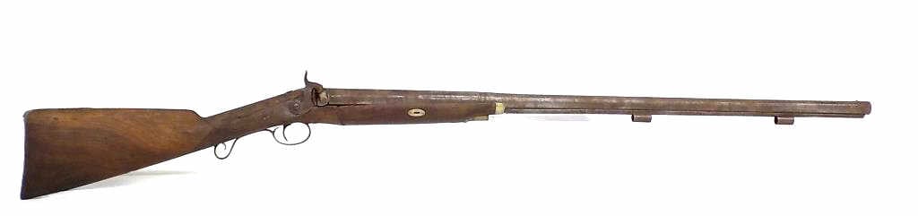 19TH CENTURY WILSON PERCUSSION RIFLE ENGRAVED: Antique 19th Century Wilson Percussion / Black Powder Hunting Rifle. Semi Octagonal Barrel Steel Engraved with Birds and Scrollwork. Total Length 50.25" Wall Hanger. Relic / poor as is condition.