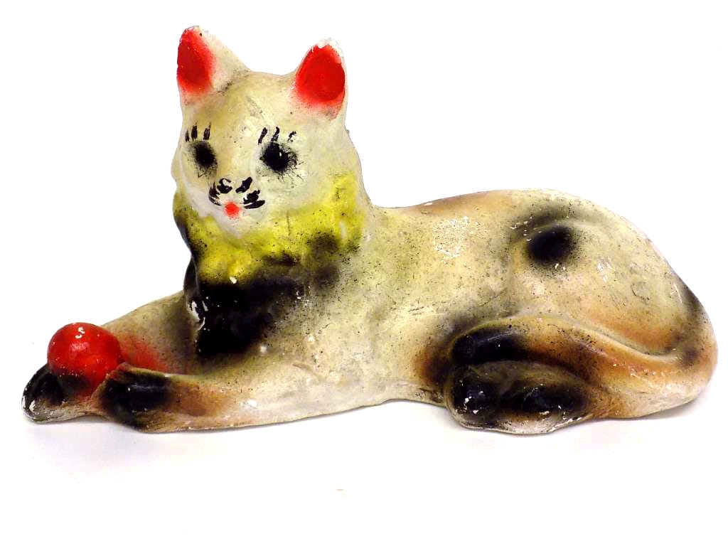 RARE 19TH CENTURY CHALKWARE CAT CARNIVAL PRIZE: Rare 19th Century 1880's Chalkware Cat with Ball Carnival Prize. Length 8"