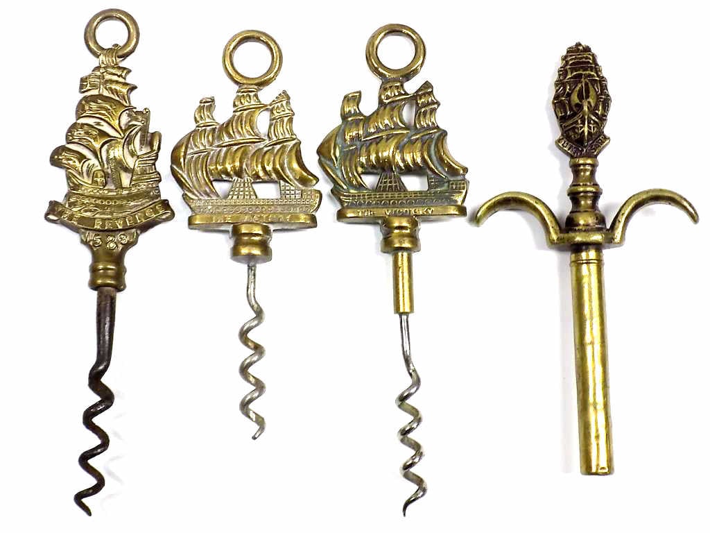 VINTAGE GROUP OF BRASS SHIP CORKSCREWS: Vintage Group of Nautical Brass Ship Form Corkscrews. Including: 2 The Victory Ships, The Revenge and Cuttysark. Height 6"