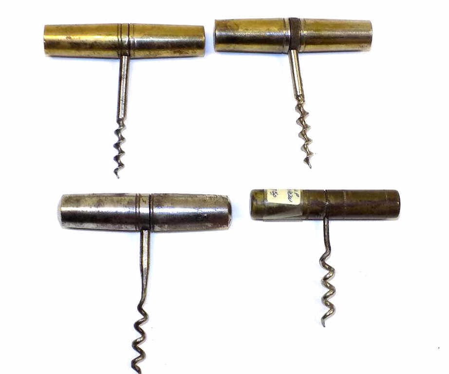GROUP BRASS & STEEL MULTI TOOL CORKSCREWS: Antique Group of 4 Brass & Steel Multi Tool Corkscrews. Handles with Compartments Holding Interchangable Tools, Screwdrivers, Ice Picks, Tweezers. Smallest corkscrew only.