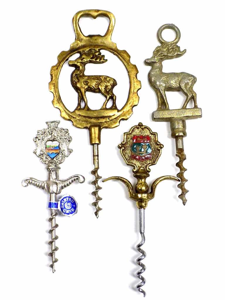 FIGURAL BUCK DEER & FANCY SOUVENIR CORKSCREWS: Figural Buck Deer Brass & Metal Corkscrews. Along with Fancy Firenze and P.E. Island. Longest 6.50"