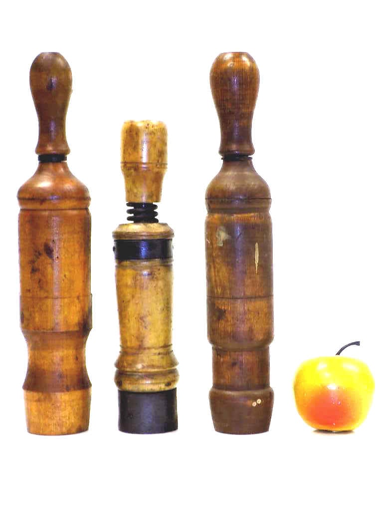 ANTIQUE TREEN BOTTLE CORKERS W/ REDLICHS: Antique Treen Wooden Bottle Corkers with 2 Rare Redlichs Apparatus Model. Turned Oak Treenware. Old Patina. Longest Height 12" & 10"