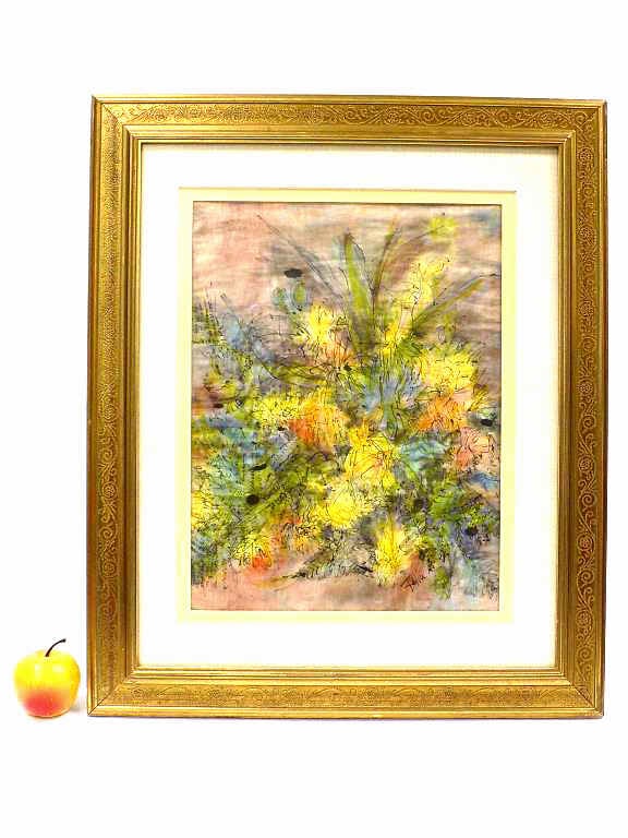 MIDCENTURY FLORAL SIGNED MIXED MEDIA (1 of 4)
