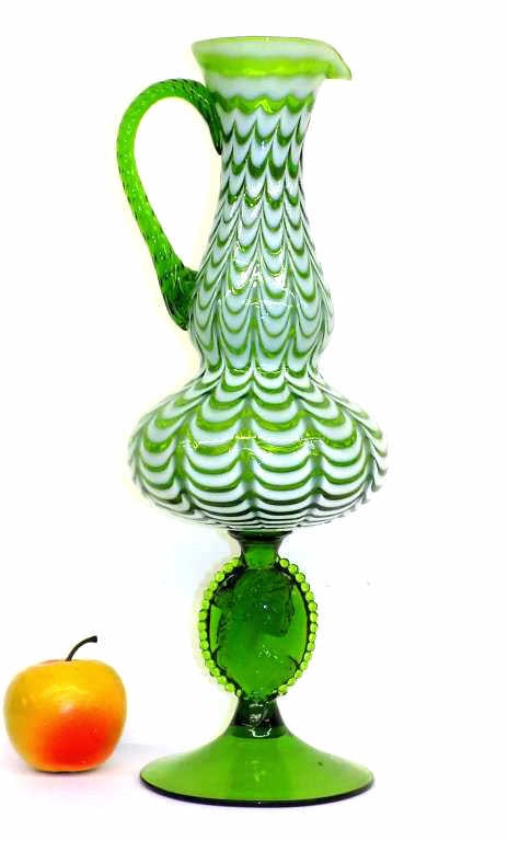 VICTORIAN MAIDEN GREEN FEATHERED GLASS EWER (1 of 3)