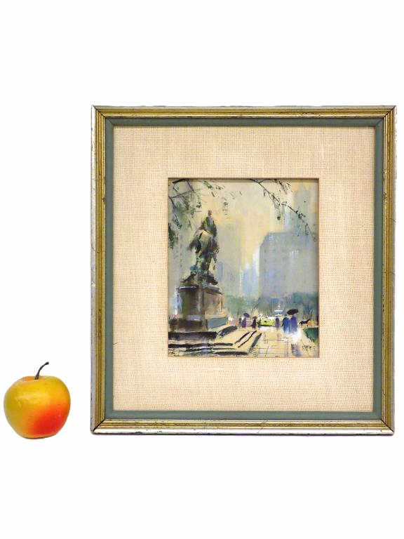 NEW YORK CITY STREET SCENE SIGNED WATERCOLOR: Impressionist New York City Street Scene Watercolor on Paper. Depicting Statue of Theodore Roosevelt on Horseback with Surrounding Figures and Buildings. Inventory Numberd and Signed Illegibly Rear A.