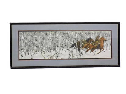 BEV DOOLITTLE - SACRED GROUND SIGNED LITHOGRAPH: Bev Doolittle - American California b 1947 - Long Horizontal Color Lithograph Entitled Sacred Ground. Depicting an Indian with Horses.Optical Illusion Shown In Birch Trees. Limited Hand Numbered and S