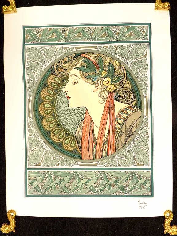 ALPHONSE MUCHA - ART NOUVEAU LITHOGRAPH POSTER: After Alphonse Mucha Czech 1860-1939 - Art Nouveau Color Lithographic Poster of a Maiden. Signed & Dated In Plate. 22 3/4" x 28 3/4"