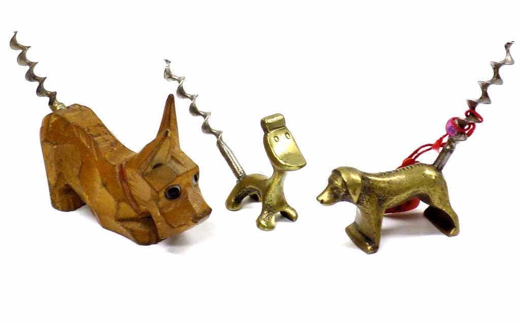 DOG FORM CORKSCREWS LOT W/ RARE ADVERTISING PIECE (1 of 3)