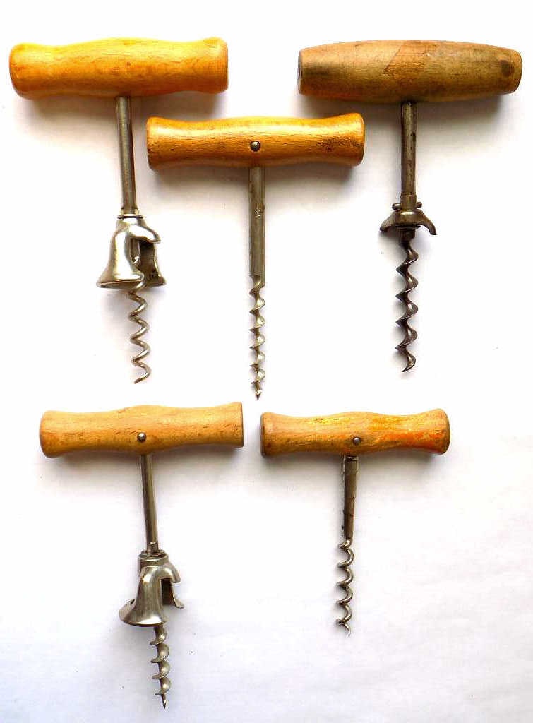 ANTIQUE MAPLE WOODEN CORKSCREWS LOT: Antique Maple Wooden Corkscrews Lot. 5 Pieces (2 With Helmet Form Bottle Grips) Handle Length 4.50"