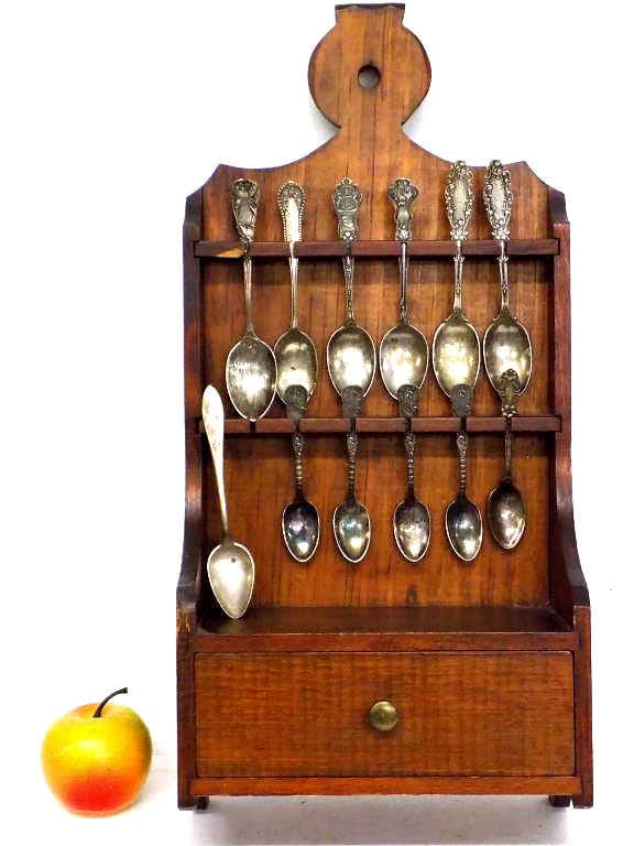 VIRGINIA WOODEN RACK W/ SILVER SPOONS: Virginia Pine Wooden Spoon Rack with Drawer. Includes Collection of Fancy Antique Silver Spoons Including Sterling. Rack Measures 9" x 19"