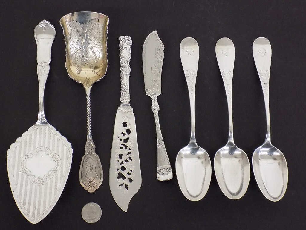 FANCY VICTORIAN SILVER SERVING GROUP: Group of Fancy Antique Victorian Silver Serving Pieces. Including: N. Harding & Co. Cake or Pie Server, 1880 Gorham Fish Knife, Big Nils Johan Sweden Reticulated Blade Nickel Silver Knife, F.A. Bunnel