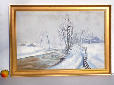 J. JOHNSON - LUMINIST WINTER HOMESTEAD PAINTING