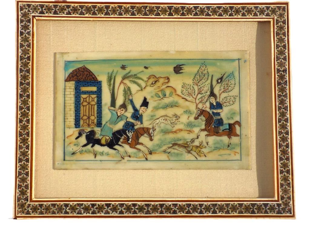 19TH CENTURY PERSIAN PAINTING ON BONE: 19th Century Persian Painting on Bone Panel. Depicting Hunters on Horseback Chasing Game. 8.50" x 10.50" Micro Mosaic Frame Measurement. Provenance: From A Prominent New York Estate