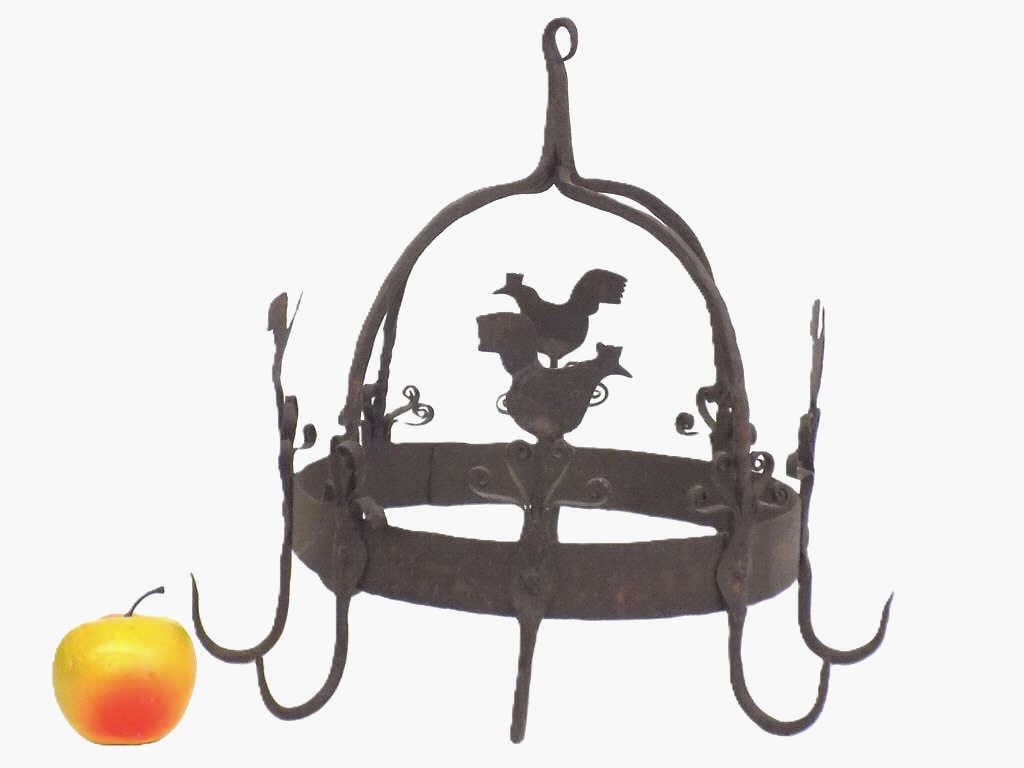 EARLY FOLK ART ROOSTER HANGING IRON MEAT RACK: Late 18th or Early 19th Century Hanging Meat Rack. Hand Wrought & Turned Iron with Rare Folk Art Rooster Design. Height 15" x Diameter 14" From A Hudson Valley New York Estate.