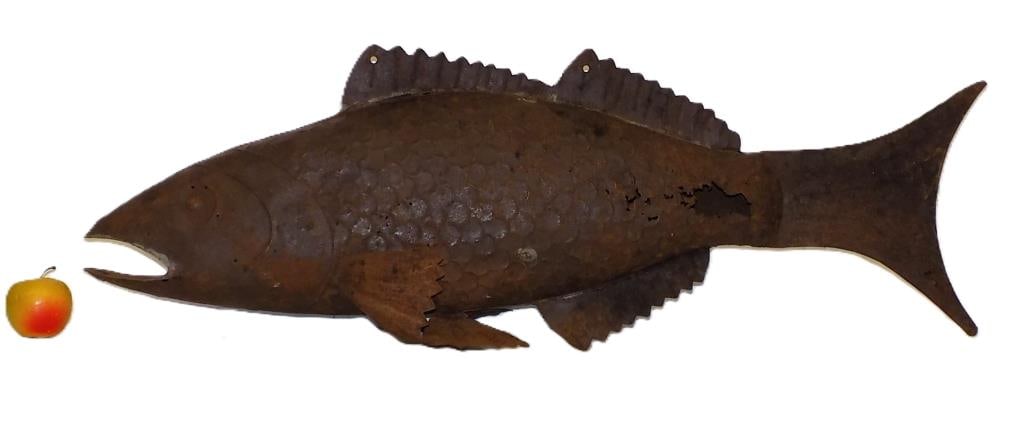 19TH CENTURY AMERICAN FOLK ART TIN FISH TRADE SIGN: Rare and Large 19th Century American Folk Art Tin Fish Hanging Trade Sign. Height 12" x Length 38.50" As found condition. From A Hudson Valley New York Estate.