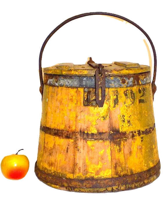 19TH CENTURY PRIMITIVE FIRKIN YELLOW PAINT: 19th Century Primitive Firkin. Pine Wood with Early Hand Wrought Iron Hardware. Original Old Mustard Yellow Paint. Height 10.50" x Diameter 12"