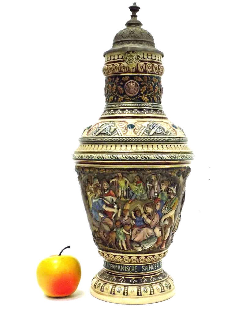 RARE DUMLER & BREIDEN No 117 GERMAN BEER STEIN 4 L: Rare Dumler & Breiden German Relief Pottery Beer Stein Tankard. Large 4 Liter. Highly Detailed Decoration. No 117 Three Early German Scenes Including: German Singer, Herman Abducts Thusnelda, Segest S