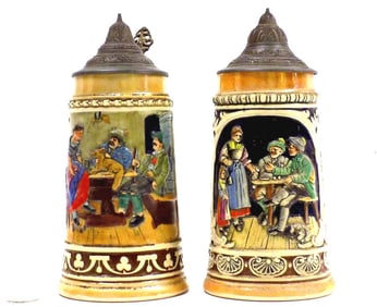 2 GERMAN INTERIOR SCENE BEER STEINS