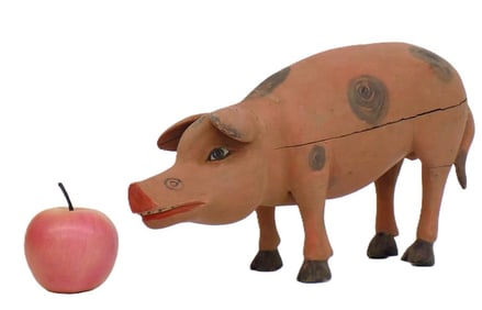 AMERICAN FOLK ART SPOTTED PIG WOOD SCULPTURE