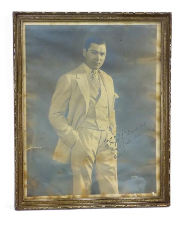 AMERICAN BOXING LEGEND JACK DEMPSEY SIGNED PHOTO: Antique Apeda Studio New York 1916 Black and White Photograph of American Boxing Legend Jack Dempsey. Hand Inscribed, Autographed and Dated 1916. 12" x 15" Framed. Jack Dempsey is Recognized World Wid