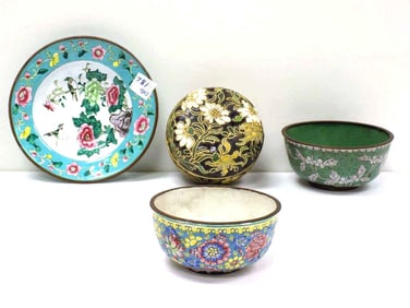 CHINESE BLOSSOMS CLOSONNE BOWLS & COVERED BOX