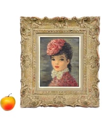 FRENCH DAMSEL PORTRAIT PAINTING SIGNED ILLEGIBLY