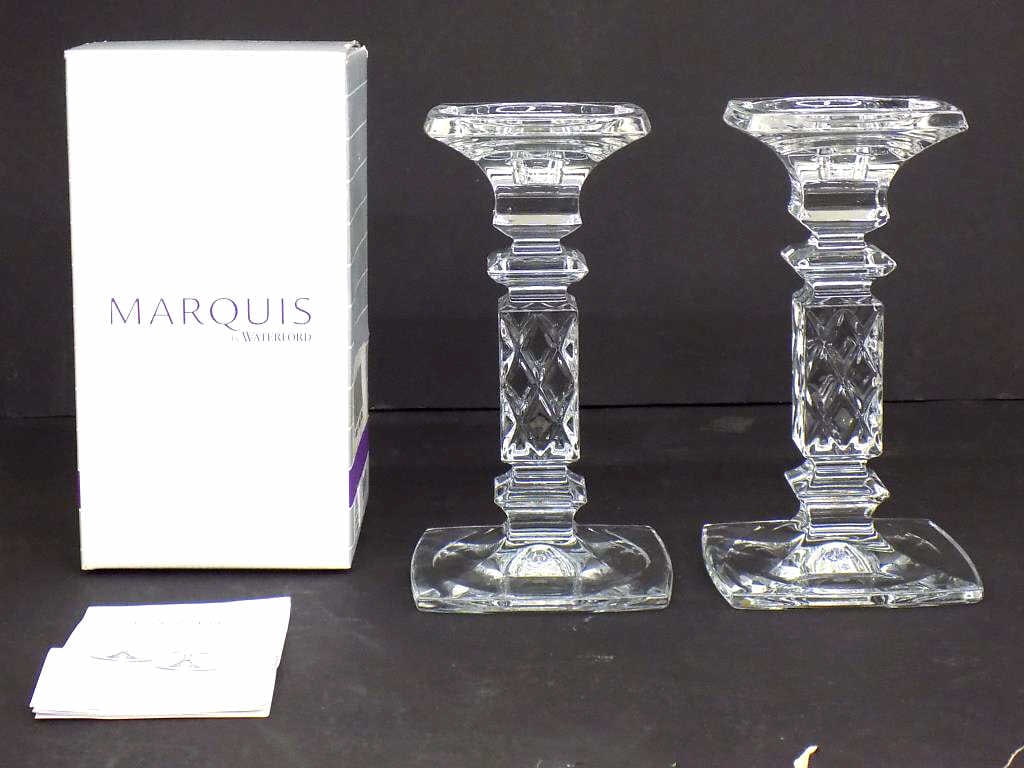 WATERFORD CRYSTAL MARQUIS PILLAR CANDLESTICKS: New Pair of Waterford Crystal Glass Pillar Candlesticks. Marquis Brixton Pillar Design. Signed Bases. Height 8" With 1 Box & Paperwork