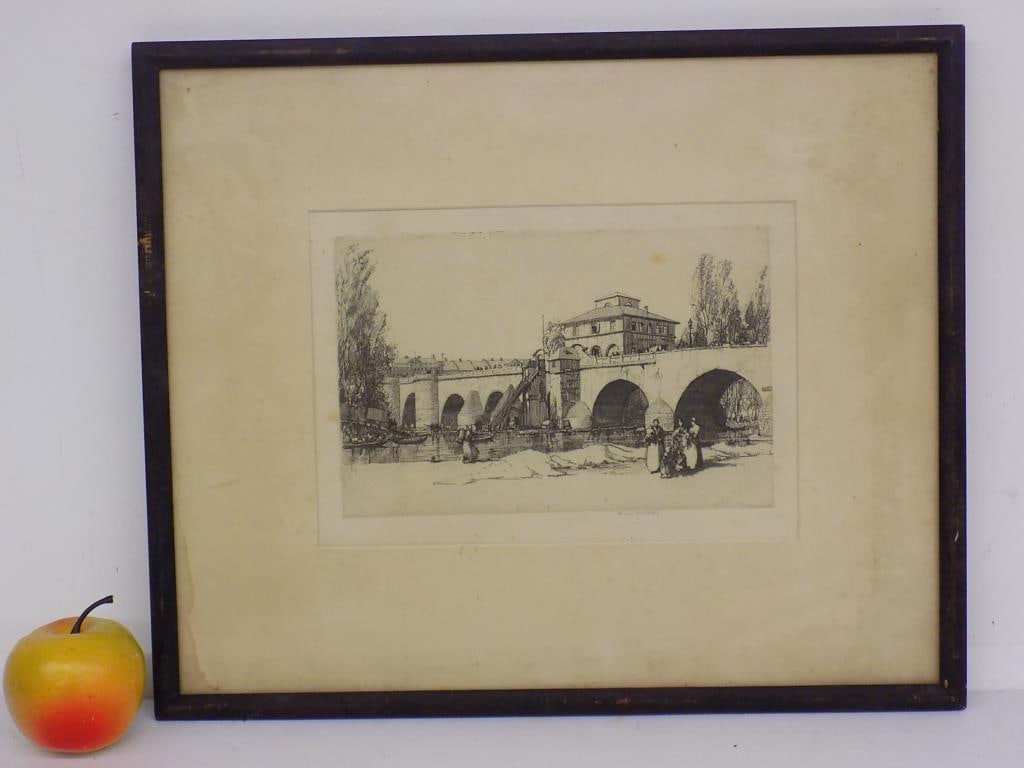 HERMANN ARMOUR WEBSTER BRIDGE ARTIST PROOF ETCHING: Hermann Armour Webster - New York France 1878-1970 - Original Signed Artist's Proof Limited Edition Etching. Entitled The Bridge, Frankfort. 6.50" x 9.50" Sight Size 13.50" x 16" Framed. Arthur H. Har