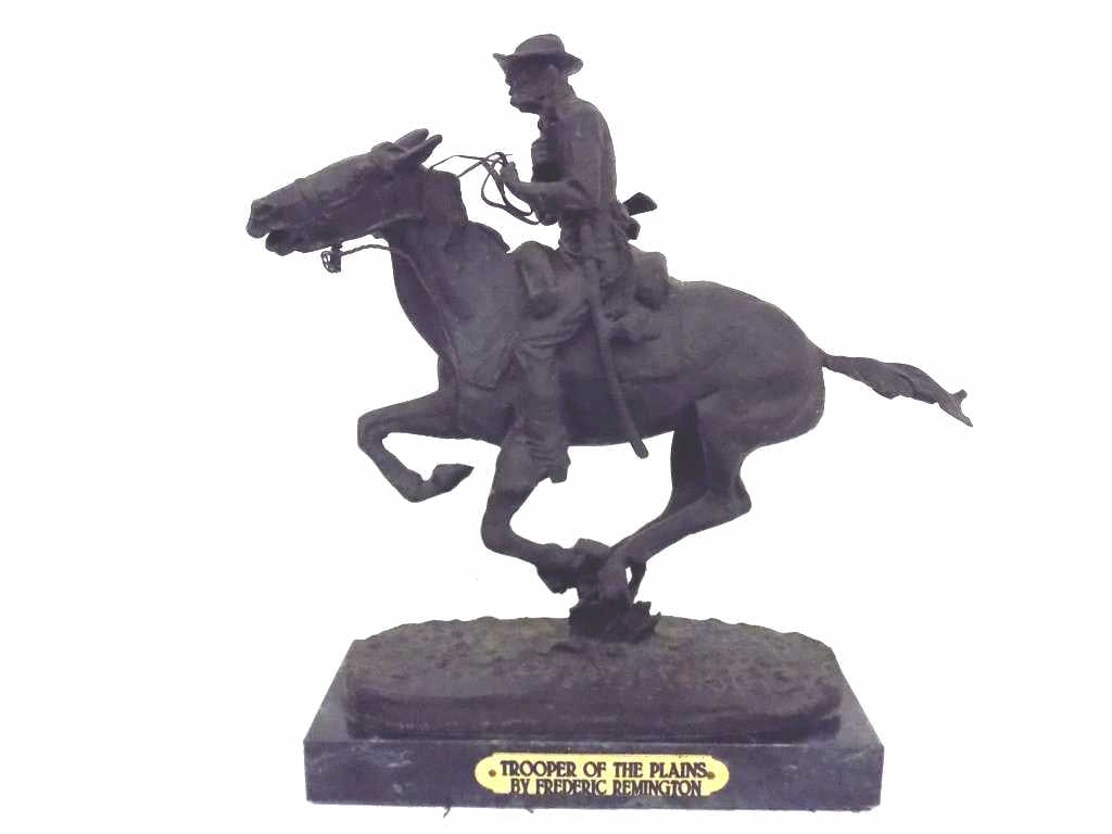 FREDERIC REMINGTON - TROOPER OF THE PLAINS BRONZE: Frederic Remington - American New York Connecticut 1861-1909 - Classic Old Western Bronze Sculpture Entitled Trooper of The Plains. Depicts a Calvalry Soldier on Horseback with Guns and Sword. Total H