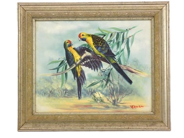 TROPICAL PARROTS OIL PAINTING ILLEGIBLY SIGNED