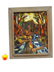 MIDCENTURY ABSTRACT FOREST CABIN PAINTING