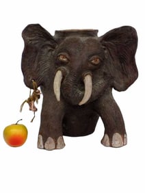 JOSEPH KURHAJEC BIG FOLK ART ELEPHANT CERAMIC VASE