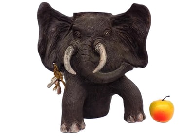 JOSEPH KURHAJEC BIG FOLK ART ELEPHANT CERAMIC VASE