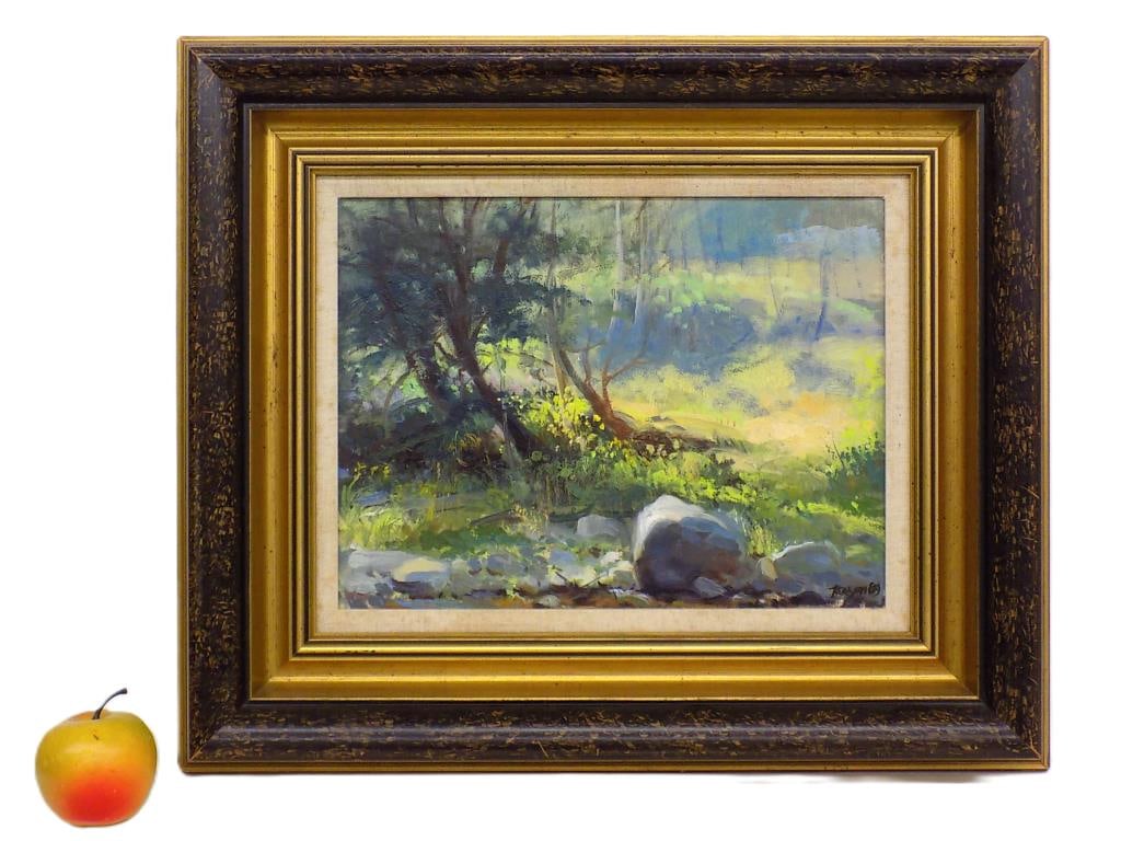 GEORGE KERASIOTIS - WOODLANDS LANDSCAPE PAINTING: George Kerasiotis American New York b1950 - Woodlands Landscape Painting. Oil on Masonite. Signed and Dated Lower Right. 17.50" x 21" Grain Painted Gilt Frame Measurement. Artist was Born in New York 