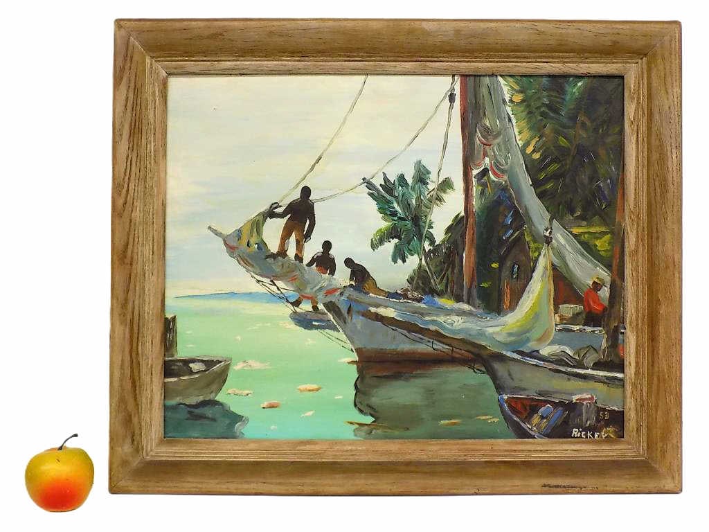 GEORGE RICKEY - ISLANDERS AT SEA PAINTING: George Rickey American 1907-2002 - Rare Islanders At Sea Painting. Oil on Artist Board. Signed, Dated (19)53 Lower Right. 19.50" x 23.50" Oak Frame. Artist Studied at The University Institute of Fine