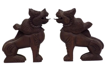 CHINESE PAIR OF FOO LION WOOD CARVINGS